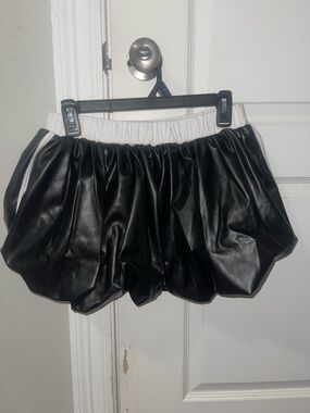 Fashion Nova Black Faux Leather Bubble Mini Skirt with White Elastic Waistband